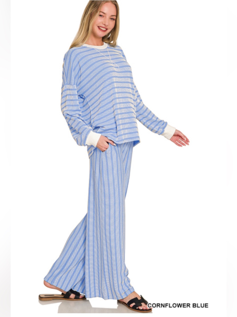 223 ❤️ cornflower blue ZENANA RAISED RIB STRIPED
PULLOVER & PANTS SET